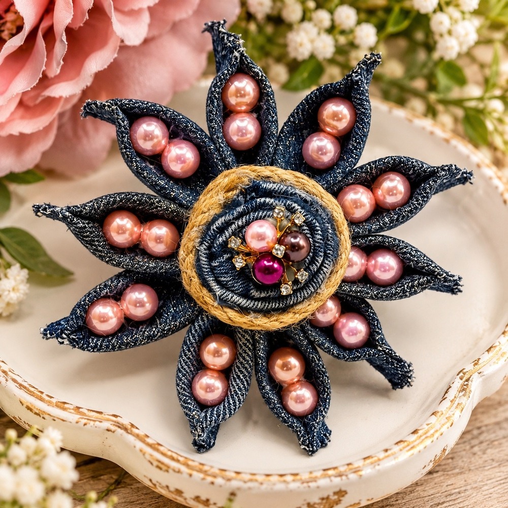 Handmade Denim Flower Pink Faux Pearl Rhinestone Blue Jean Lapel Pin 13